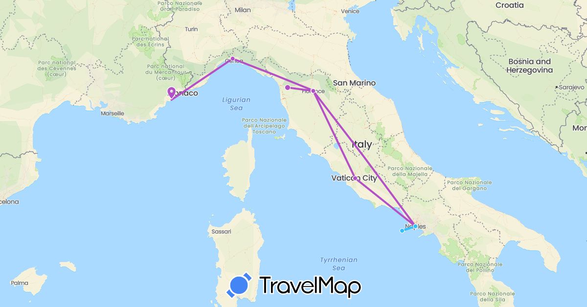 TravelMap itinerary: driving, train, boat in France, Italy (Europe)