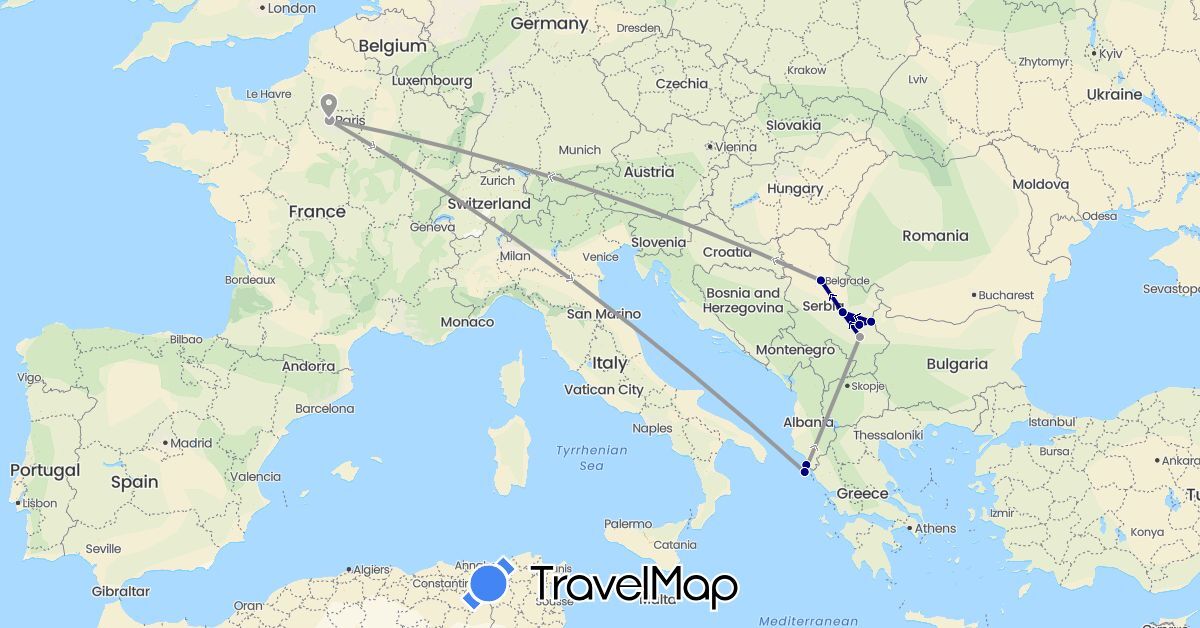 TravelMap itinerary: driving, plane in France, Greece, Serbia (Europe)