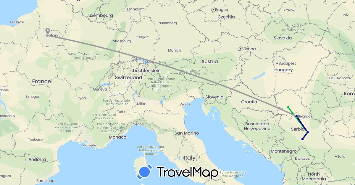 TravelMap itinerary: driving, bus, plane in France, Serbia (Europe)