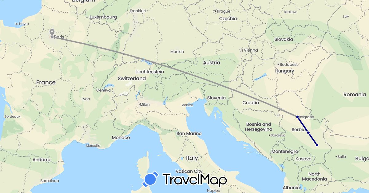 TravelMap itinerary: driving, plane in France, Serbia (Europe)